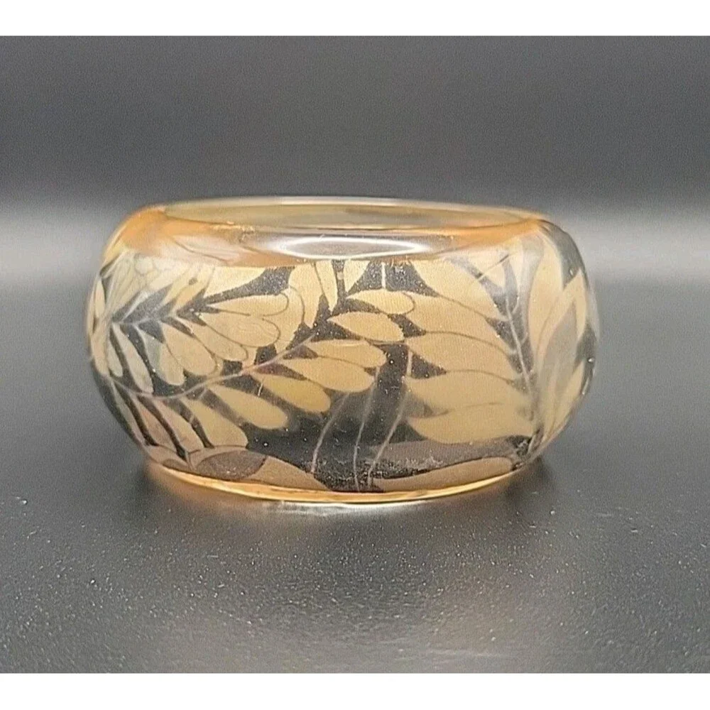 Vintage Chunky Bangle Bracelet Lot 3 Pink Tiger Lucite Carved Resin Wood Leaf